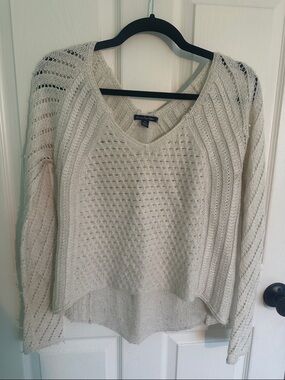 American Eagle Light Cream Open-Knit V-Neck Sweater